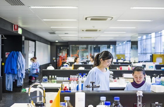 Two female science students are working in a laboratory at UniSA.