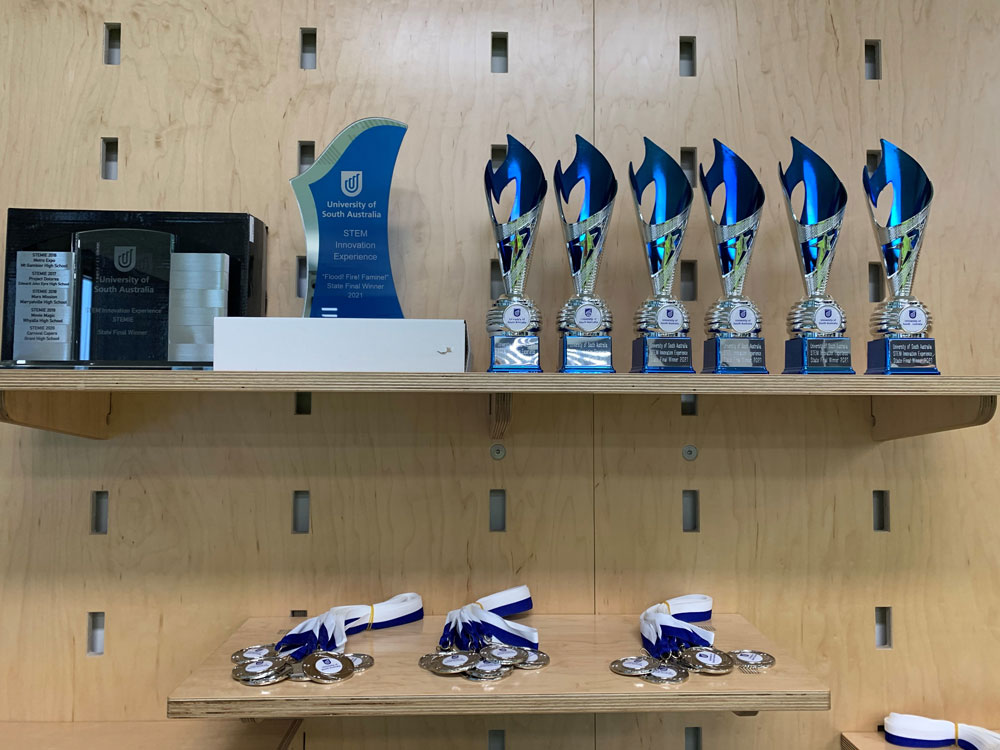 Multiple trophies sitting on a shelf