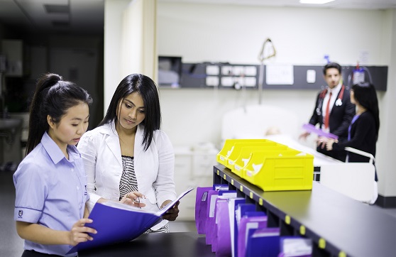 Two female students in hospital look at a patient file.