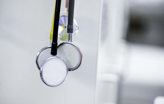 Stethoscopes are hanging in hospital.